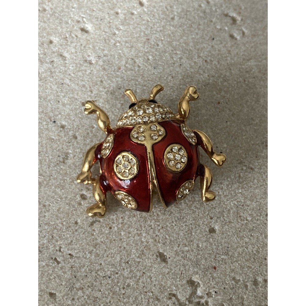 Vintage Red Enamel Rhinestone Ladybug Brooch Gold Tone Sparkly Insect Pin